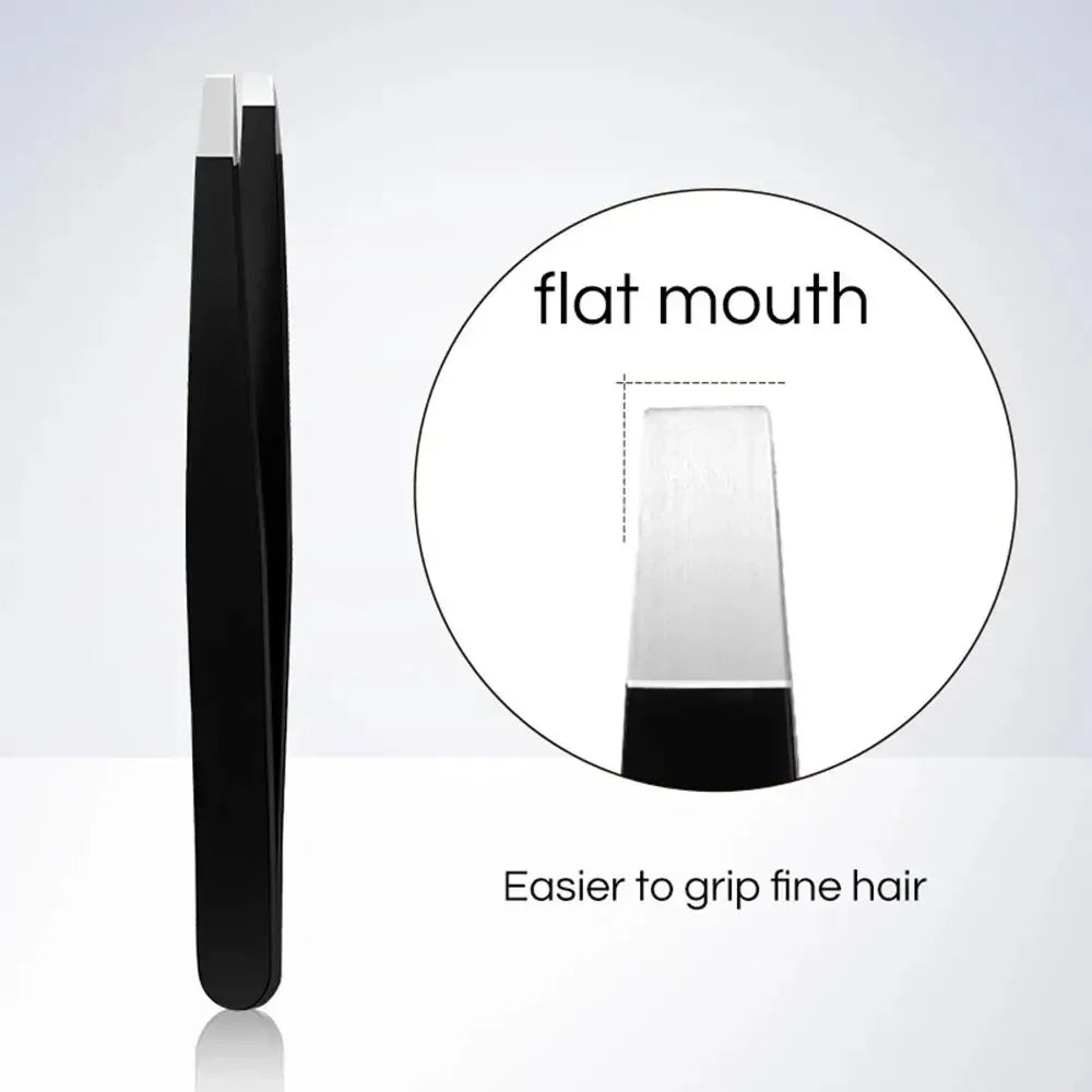 Pęseta do brwi ze stali nierdzewnej, czarna, z pochylonym i płaskim końcem