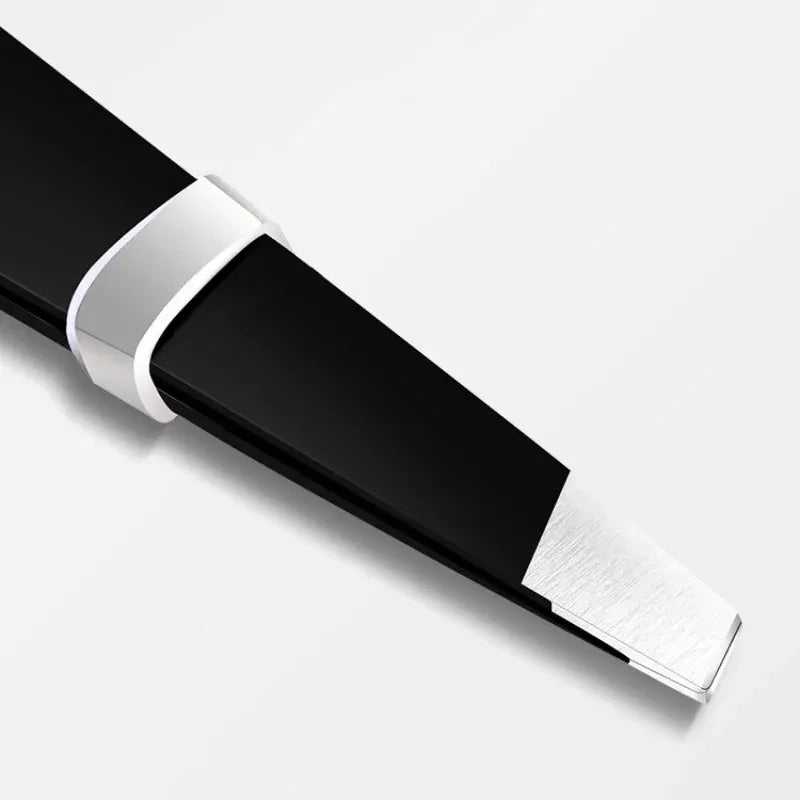 Pęseta do brwi ze stali nierdzewnej, czarna, z pochylonym i płaskim końcem