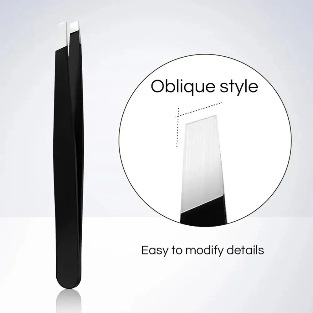 Pęseta do brwi ze stali nierdzewnej, czarna, z pochylonym i płaskim końcem